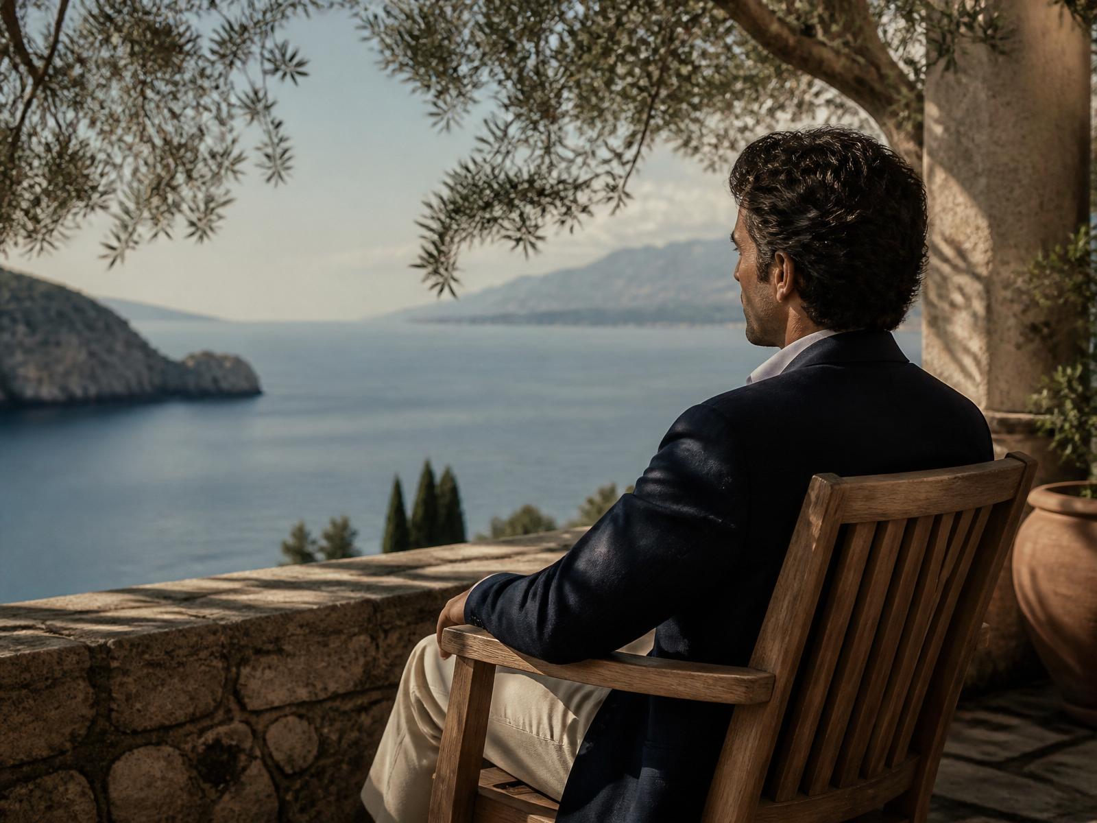 A man on a terrace overlooking the sea